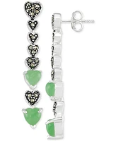 Marcasite & Jade Heart Linear Drop Earrings in Sterling Silver