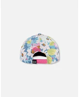 Deux par Deux Baby Girls Printed Cap White, Pink, And Green Flowers