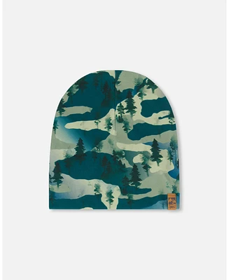 Deux par Deux Baby Boys Printed Beanie Hat Forest Green With Black Pines