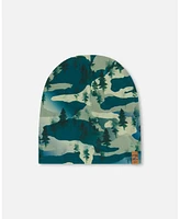 Deux par Deux Baby Boys Printed Beanie Hat Forest Green With Black Pines