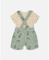 Deux par Baby Boys Printed Muslin Shortall And Organic Cotton Onesie Set Sage Monkey Off-White