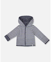 Deux par Baby Boys Reversible Organic Cotton Hooded Jacket Navy Striped Blue