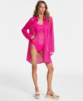 Carmen Marc Valvo Womens Crochet Tunic Swim Cover Up Crochet Scoop Neck One Piece Swimsuit