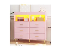 gaomon Dresser for Bedroom with 6 Drawers, Baby Changing Table Dresser with Changing Pad, Led Lights & Charging Station