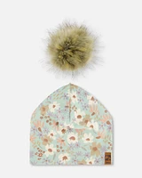 Deux par Deux Girl Printed Jersey Detachable Pompom Hat Small White Flowers On Turquoise And Lilac - Toddler|Child