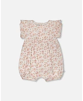 Deux par Baby Girls Cotton Pointelle Romper With Frills Printed White And Pink Flowers