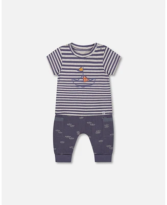 Deux par Baby Boys Organic Cotton Top And Muslin Pant Set Striped Navy