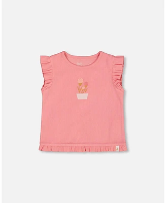 Girl Rib Tank Top With Frills Coral Pink - Toddler|Child
