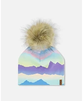 Deux par Girl Printed Jersey Detachable Pompom Hat Mauve And Blue, Pink Mountain - Toddler|Child