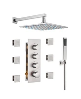 Boyel Living Brushed Nickel Luxury Led Thermostatic Shower System with 6 Body Jets Rain Ceiling Head Handheld Sprayer