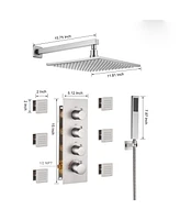 Boyel Living Brushed Nickel Luxury Led Thermostatic Shower System with 6 Body Jets Rain Ceiling Head Handheld Sprayer