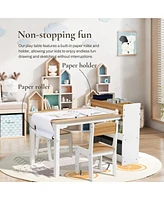 LuxenHome Children Play Table with Bookcase and 2 Chairs Set