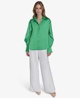 Halston Women's Satin Button-Front Open-Sleeve Blouse