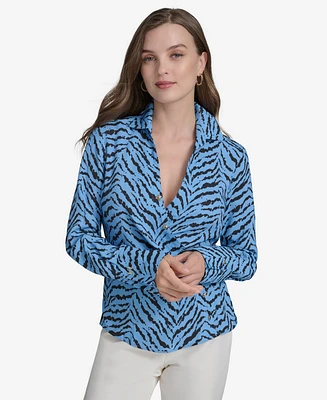 Halston Women's Printed Faux-Wrap Collared Blouse