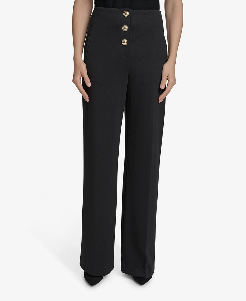 Halston Women's Ponte Straight-Leg Gold-Button Pants