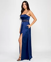 City Studios Juniors' Satin Floral-Inset Side-Slit Gown, Created for Macy's