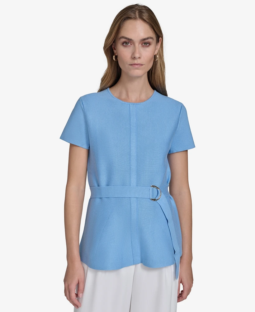 Halston Women's Short-Sleeve Belted Round-Neck Blouse