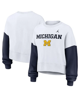 Nike Women's White Michigan Wolverines Color-Block Oversized Cropped Pullover Sweatshirt