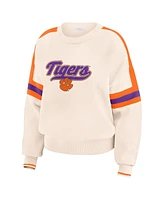 Wear by Erin Andrews Women's Cream Clemson Tigers Chenille Woven Patch Stripe Pullover Sweater