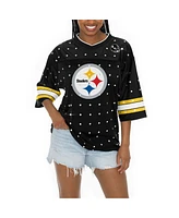 Gameday Couture Women's Black Pittsburgh Steelers Kickoff Time Allover Rhinestone Sports Stripe Jersey V-Neck T-Shirt