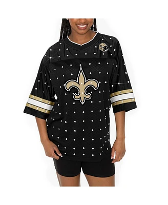 Gameday Couture Women's Black New Orleans Saints Kickoff Time Allover Rhinestone Sports Stripe Jersey V-Neck T-Shirt