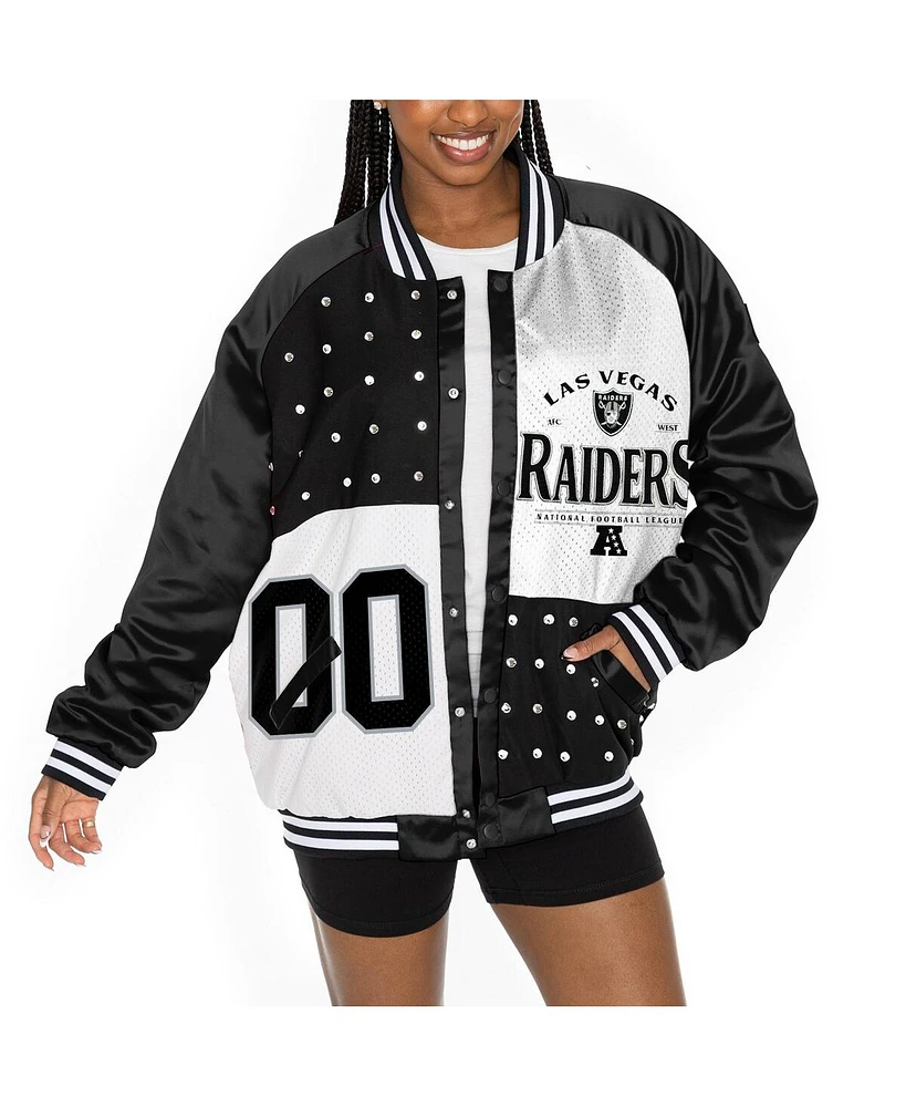 Gameday Couture Women's Black/White Las Vegas Raiders Oversized Hot Shot Rhinestone Throwback Full-Snap Varsity Bomber Jacket