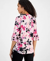 Kasper Women's Floral Print Split-Neck Bell-Sleeve Blouse, Regular and Petite