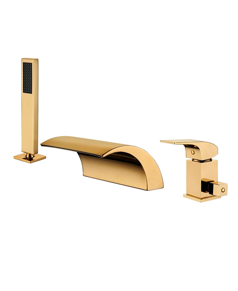 Boyel Living Dual-Function Bathtub Faucet Set with Handheld Shower Head Brass Tub Spout Waterfall Bathtub Shower Faucet, Brushed Gold