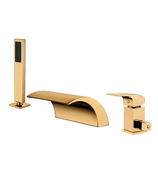 Dual-Function Bathtub Faucet Set with Handheld Shower Head Brass Tub Spout Waterfall Bathtub Shower Faucet, Brushed Gold