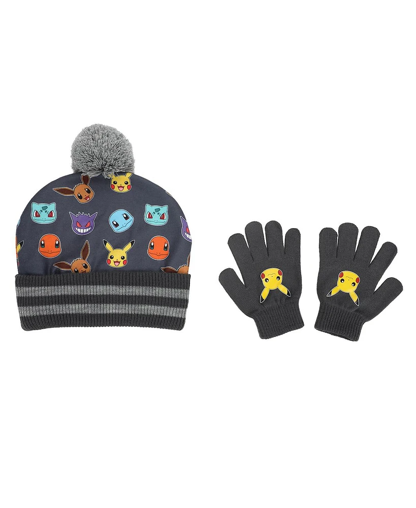 Pokemon Boys Character Collage Youth Cuffed Beanie and Gloves Set