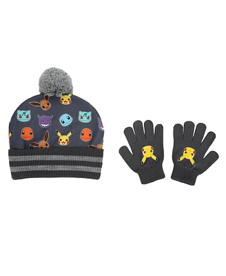 Pokemon Boys Character Collage Youth Cuffed Beanie and Gloves Set