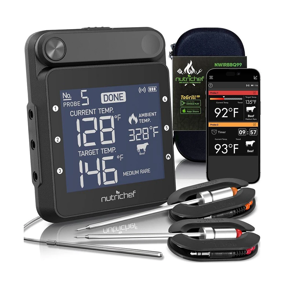 NutriChef WiFi Wireless Bbq Digital Thermometer with Dual Stainless Steel Probes