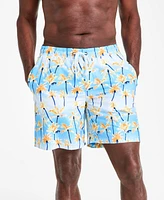 Club Room Men's Aqua Palm Tree Drawstring 7" Swim Trunks, Exclusively at Macy's