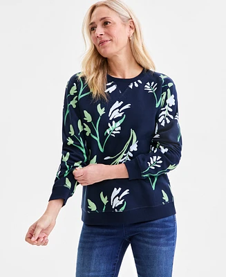 Style & Co Women's Printed Crewneck Fleece Sweatshirt, Exclusively at Macy's