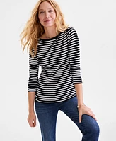 Style & Co Petite Cotton Striped Boat-Neck 3/4-Sleeve Top, Exclusively at Macy's