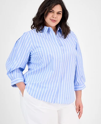 Anne Klein Plus Cotton Striped 3/4-Sleeve Shirt