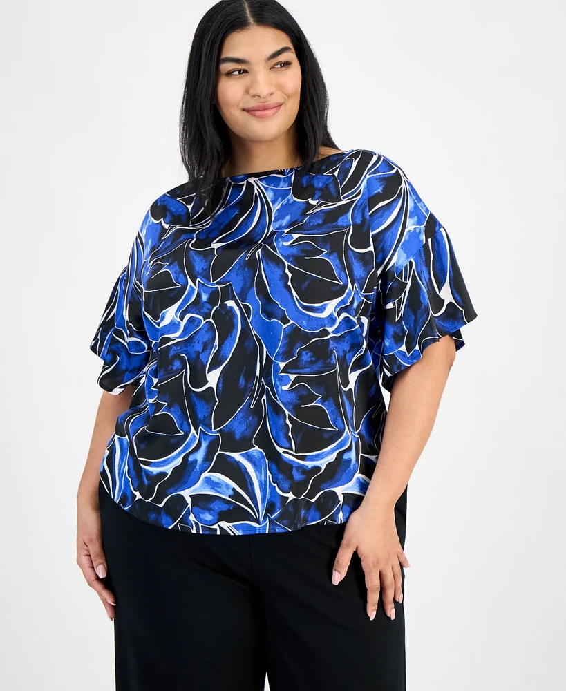 Anne Klein Plus Size Printed Flutter-Sleeve Blouse
