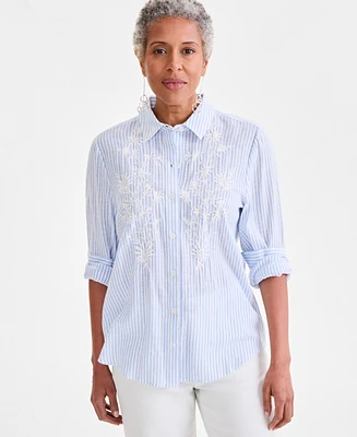 Style & Co Women's Floral Embroidered Perfect Shirt, Exclusively at Macy's