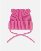 Deux par Deux Baby Girls Knit Hat With Strings Vibrant Pink