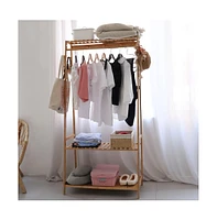 Unho Bamboo Clothes Rail Stand: Garments Storage Rack Shoes Shelf for Bedroom Living Room