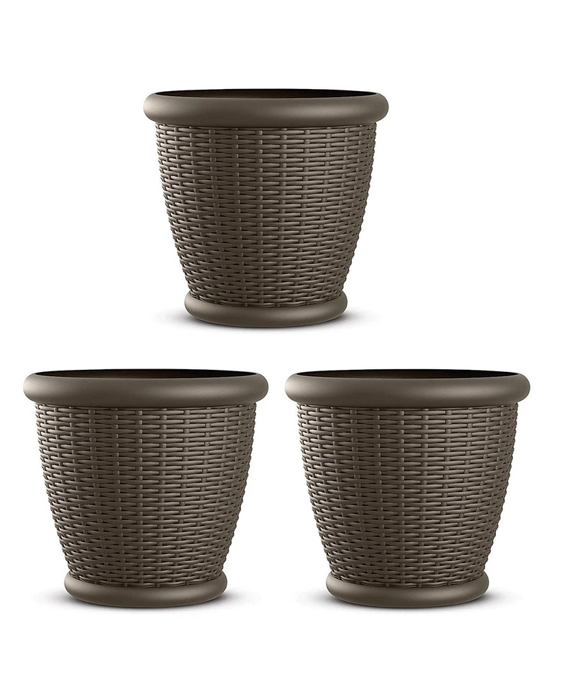 Suncast Willow 18" Plastic Decorative Wicker Patio Planter Pot, Java (3 Pack)