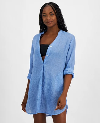 J Valdi Women's Big Shirt Button-Front Long-Sleeve Swim Cover-Up