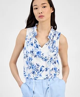 Anne Klein Women's Printed Ruffle-Neck Sleeveless Blouse