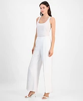 Anne Klein Women's Linen Blend Pull-On Flyaway Wide-Leg Pants