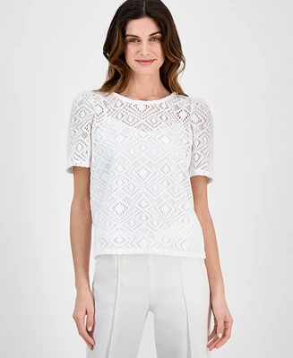 Anne Klein Women's Short-Sleeve Lace Overlay Blouse