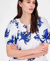 Anne Klein Women's Cotton Printed Puff-Sleeve Blouse, Created for Macy's