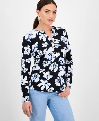 I.n.c. International Concepts Petite Floral Button-Placket Top, Exclusively at Macy's