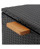 Sunnydaze Decor 75-Gallon Faux Wicker Outdoor Deck Storage Box with Acacia Wood Handles - Hinged Lid - Black