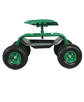 Sunnydaze Decor Rolling Garden Cart Scooter with Wheels and Tool Tray - 360-Degree Swivel Seat - Green