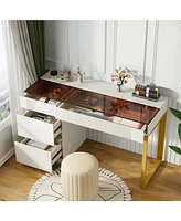 Tribesigns Vanity Desk with Glass Top, 4 Drawers Makeup Vanity Table, Modern Makeup Dresser Desk, White Gold Vanities with Visual Drawer for Bedroom